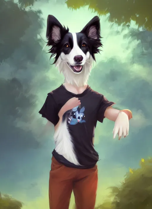 Prompt: wide angle beautiful full body portrait of a cute male anthropomorphic border collie fursona wearing a t - shirt and posing in front of a park, character design by charlie bowater, henry asencio, and ross tran, furry art, furaffinity, scenic background, beautiful, glamor pose, detailed, trending on artstation