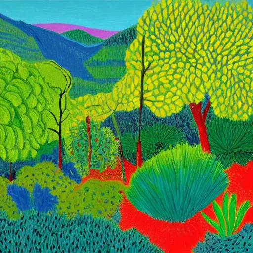 Image similar to painting of a lush natural scene on an alien planet by david hockney. beautiful landscape. weird vegetation. cliffs and water.