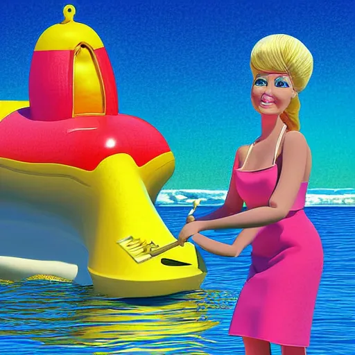 Prompt: ken and barbie having cake by the ocean on a yellow submarine - digital art