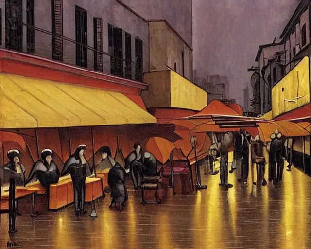 Prompt: a melancholy rainy night in a food street of cyberpunk city de chirico