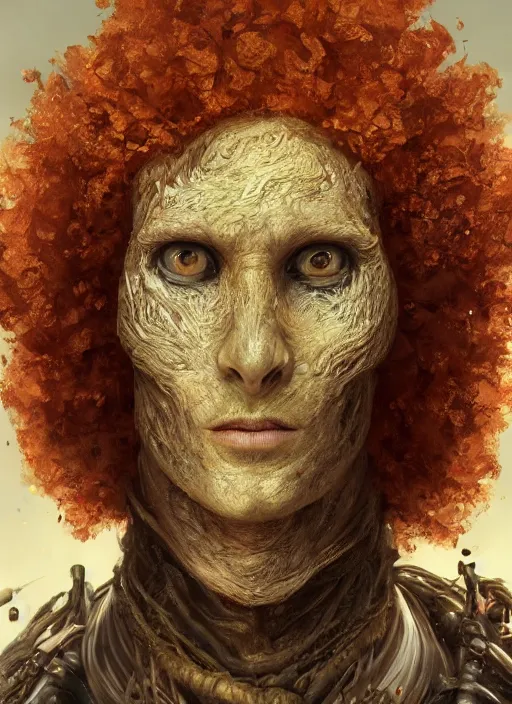 Image similar to biopunk portrait of curly orange hair man from dark souls, au naturel, hyper detailed, digital art, trending in artstation, cinematic lighting, studio quality, smooth render, unreal engine 5 rendered, octane rendered, art style by klimt and nixeu and ian sprigger and wlop and krenz cushart.