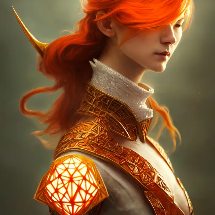 Image similar to head and shoulders portrait of a d & d ranger with her porcelain armor, chinese kangxi orange and white, volumetric lighting, fantasy, intricate, elegant, lifelike, photorealistic, artstation, concept art, sharp focus, by john collier and albert aublet and krenz cushart and artem demura and alphonse mucha