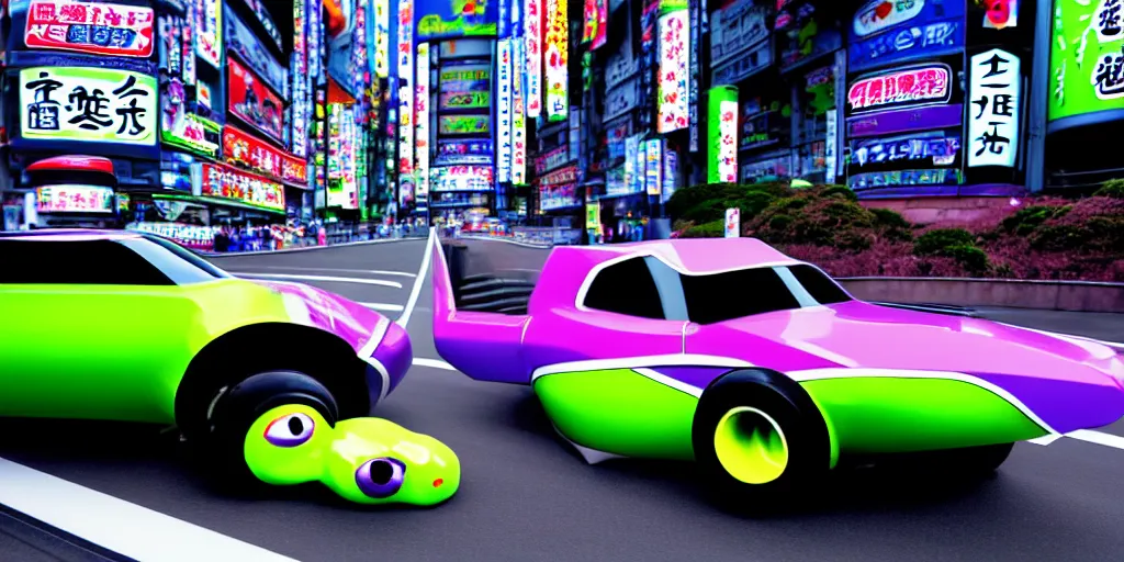 Image similar to anthropomorphic JZX100 twin turbo drift jet engine monster truck drag racer cowboy Cadillac hover-car UFO with cowboy snake facial features speeding in the road, Tokyo prefecture, Japanese architecture, city sunset mist lights, cinematic lighting, photorealistic, detailed alloy wheels, highly detailed purple green snake oil wacky races power ranger bat-mobile transformer car