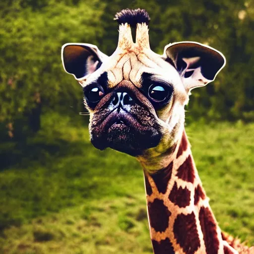 Image similar to a Giraffe-Pug Hybrid, A Giraffe that looks like a pug, huge tusks, afternoon hangout, good times photograph, candid