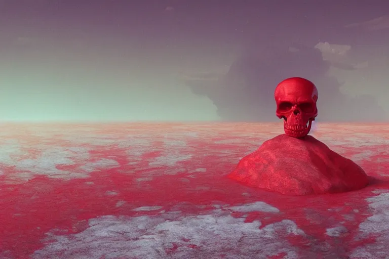 Prompt: a hd render of a floating red skull, surreal frozen landscape, 8 k, cinematic lighting, by beeple and zdzisław beksinski