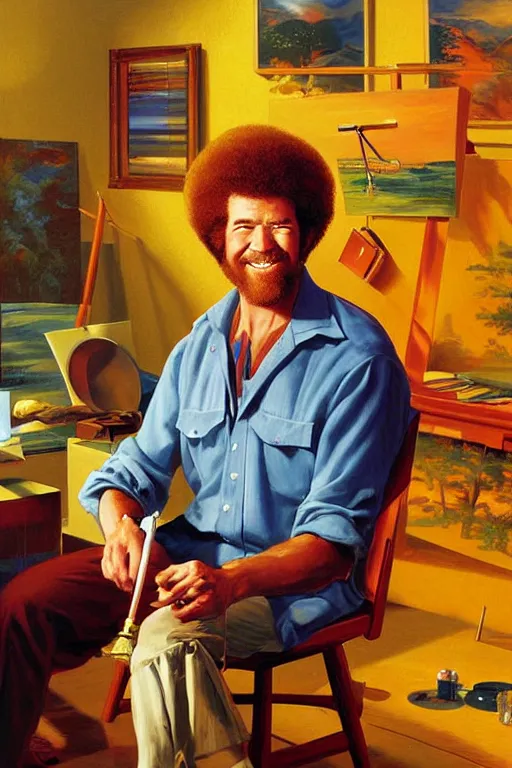 Prompt: Bob Ross happily painting in his studio by Greg Hildebrandt, warm colors, good vibes