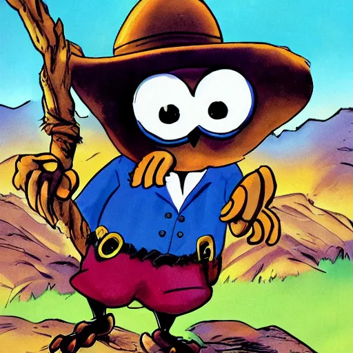 Image similar to cartoon owl dressed as the lone ranger from the children's 1990s cartoon show in the style of Garfield and friends