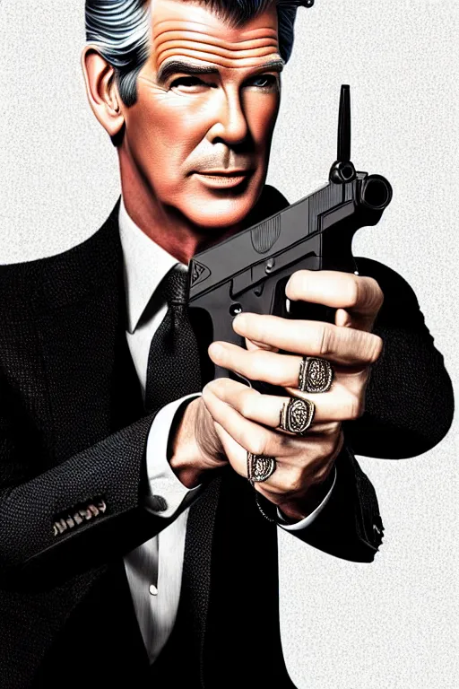 Image similar to Pierce Brosnan as James Bond holding highly detailed Glock pistol, art deco, cinematic intricate art deco leaf designs, elegant, , sharp focus, art by Artgerm and beeple and WLOP