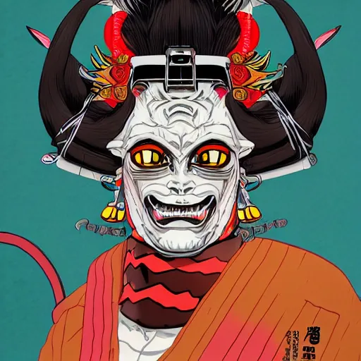 Image similar to a detailed portrait of a fashionable ancient japanese demon oni wearing a cyberpunk bosozoku outfit the style of william blake and norman rockwell, kubrick, muted color scheme, crisp, artstationhd