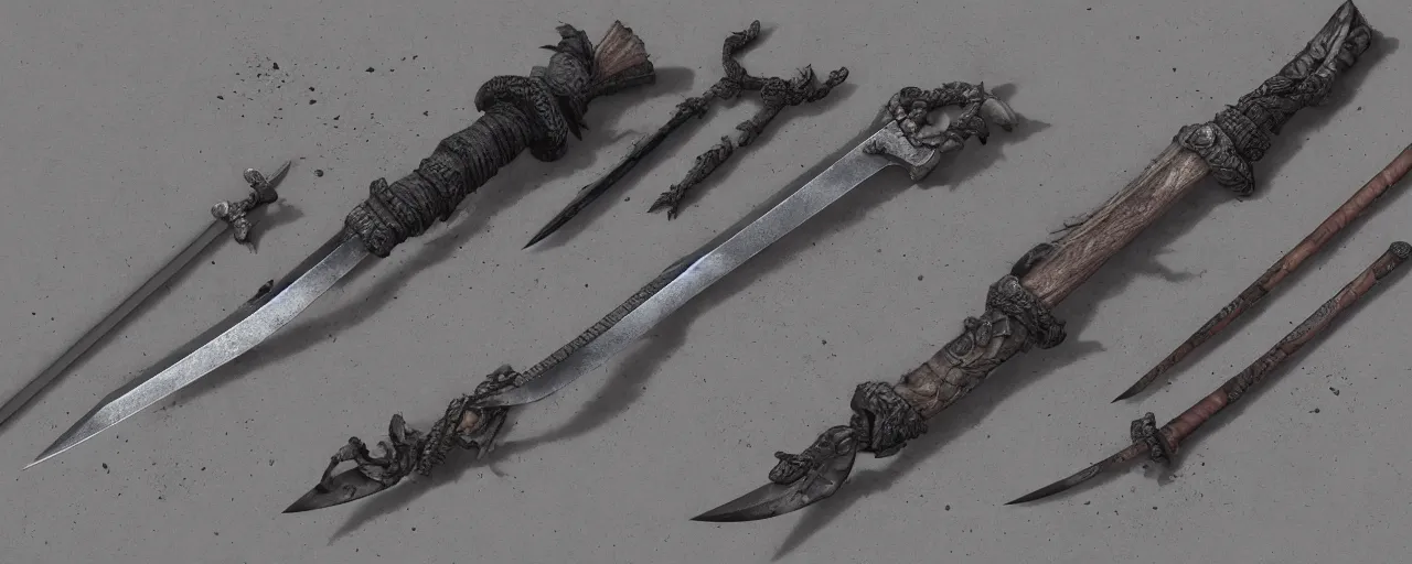 Image similar to basic steel sword, shortsword, wood, leather, medieval, forged, blacksmith, product design, art by gerald brom, greg rutkowski and artgerm and james jean and zdzisław beksinski, 8 k, unreal engine, c 4 d