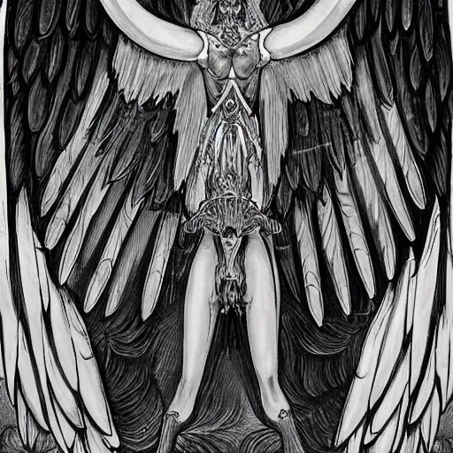 Image similar to giant imposing seraphim with many eyes and many wings, eyes for feathers, glowing, terrifying