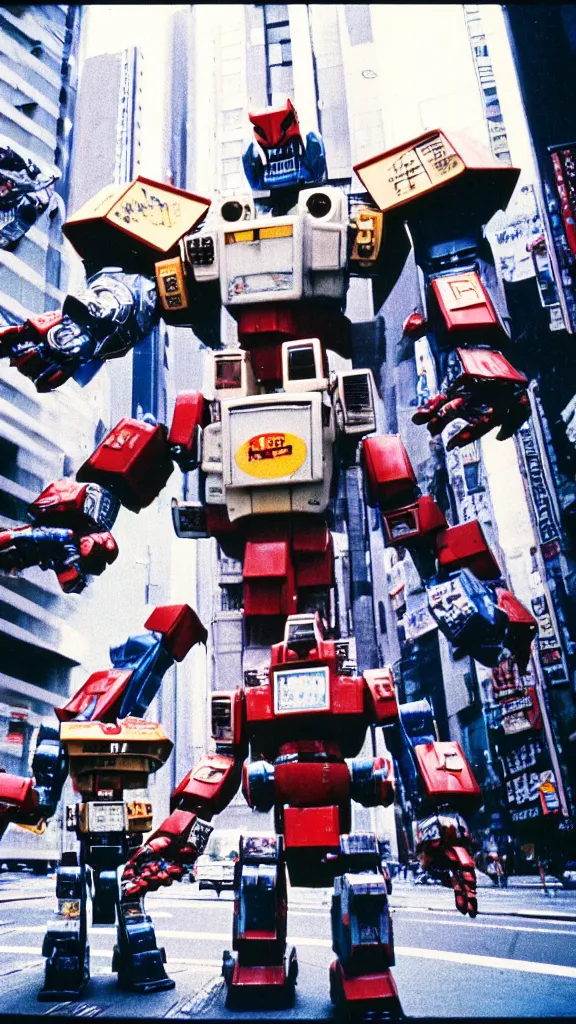 Image similar to 1 9 8 0 s giant robots fighting over tokyo, yashica t 4, slight motion blur