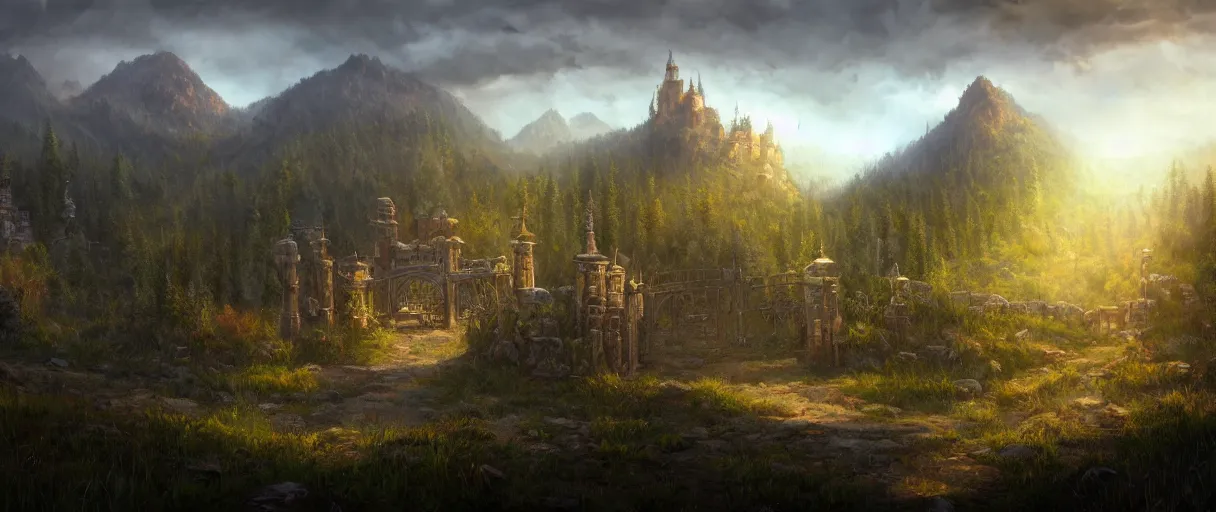 Prompt: digital painting of a small metal castle town looking above large crude steel gate surrounding it, metal border, behind a forest, large mountains in back, concept art, low angle, high detail, warm lighting, volumetric, godrays, vivid, beautiful, trending on artstation, by Jordan grimmer, no focus, huge scene, grass, no bricks