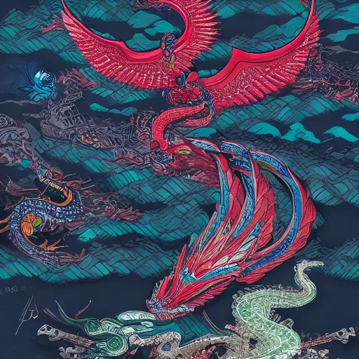 Image similar to quetzalcoatl in an epic battle with garuda, fantasy, d & d, intricate, elegant, highly detailed, digital painting, artstation, concept art, matte, sharp focus, illustration, art by hokusai and jeon seong