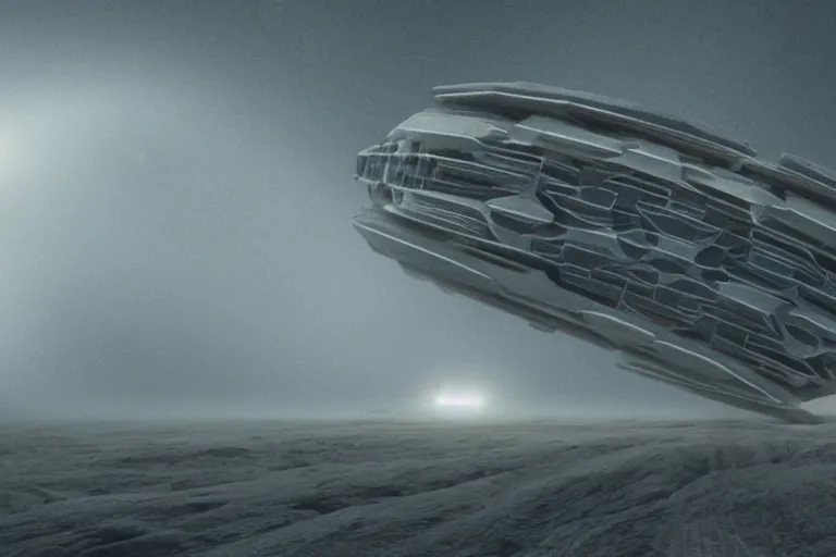 Image similar to a spaceship moving through a foggy complex organic fractal 3 d ceramic megastructure, cinematic shot, photo still from movie by denis villeneuve