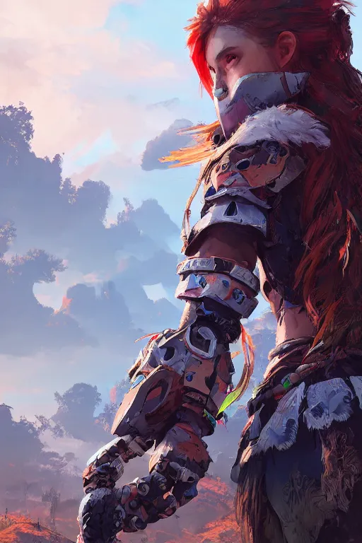 Image similar to combination suit armor aloy horizon forbidden west horizon zero dawn radiating a glowing aura global illumination ray tracing hdr fanart arstation by ian pesty and alena aenami artworks in 4 k tribal robot ninja mask helmet backpack