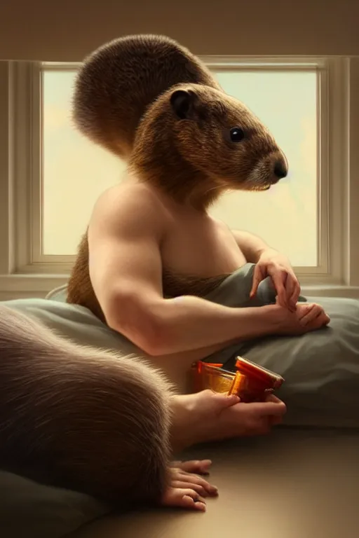 Image similar to drug addicted groundhog lies on the bed, realistic portrait, highly detailed, digital painting, artstation, concept art, smooth, sharp focus, illustration, cinematic lighting, art by artgerm and greg rutkowski and alphonse mucha