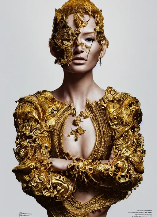 Image similar to sculpture made of gold, portrait, future, shaman, gold, close up, harper's bazaar, vogue, magazine, insanely detailed and intricate, concept art, ornate, luxury, elite, elegant, trending on artstation, by ruan jia, by Kenneth Willardt, by ross tran, by WLOP, by Andrei Riabovitchev,