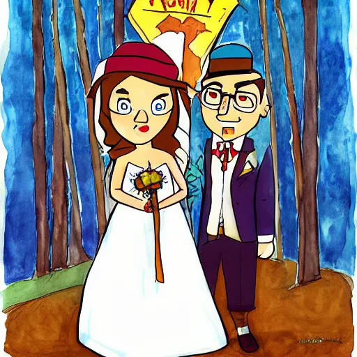 Prompt: beautiful painting, wedding couple as gravity falls, by alex hirsch, cartoon, coherent symmetrical faces