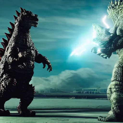 Prompt: Miss Frizzle fighting Godzilla, cinematic lighting, highly detailed