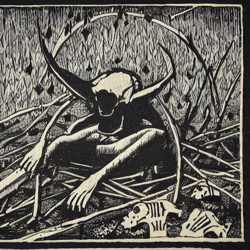 Prompt: the devil sits near a pile of bones in the edge of the woods. Woodblock print. Highly detailed.