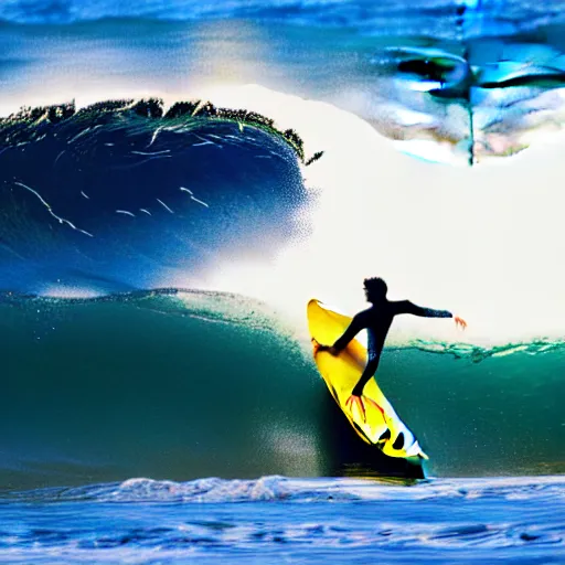 Image similar to photography of a young man surfing a hokusai wave