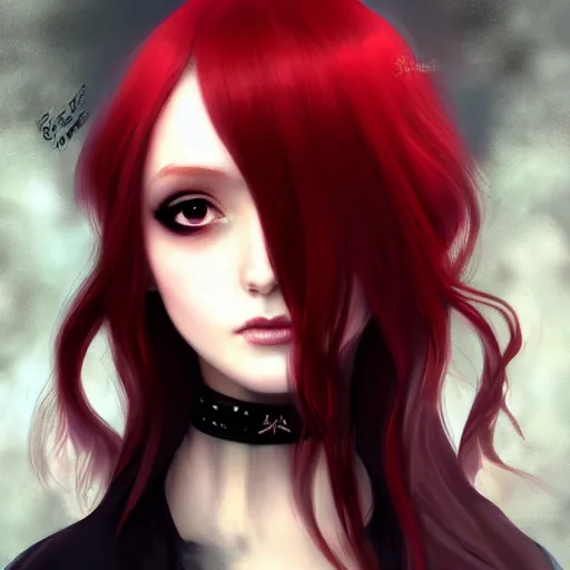 Image similar to facial portrait of a young pretty anime woman, long red hair, dark eyes, gothic eyeliner, character concept art, headshot, Charlie Bowater, Anna Dittmann, WLOP, Rumiko Takahashi, Akihiko Yoshida, Hyung-tae Kim, alexander mcqueen, trending on Artstation