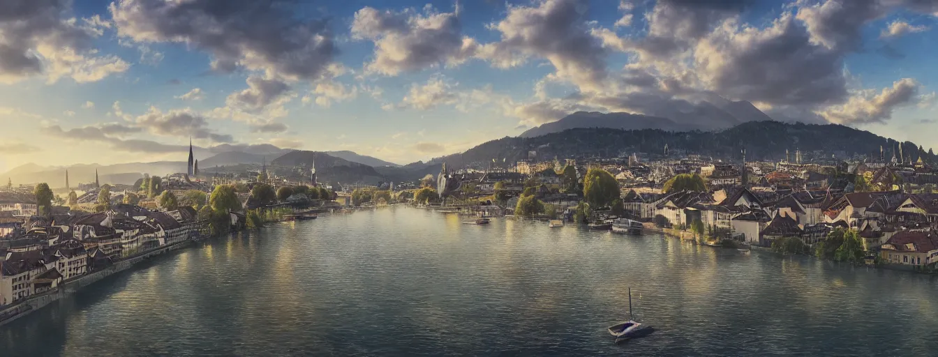 Image similar to Digital painting of Zurich, Limmat and the lake, wide angle, volumetric light, hyperdetailed, Alsp in the background, artstation, cgsociety, 8k