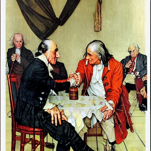 Prompt: norman rockwell painting of 1 7 7 6 ben franklin shaking hands with 3 0 - year - old, virile dracula