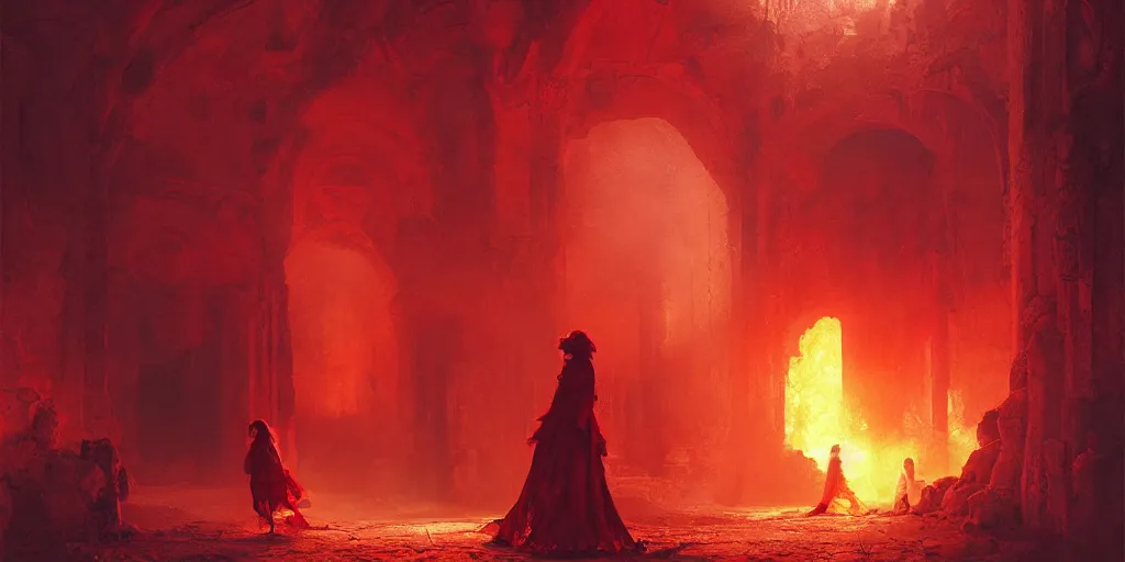 Image similar to woman in red opening a portal to hell in a village, beautiful composition, wide angle, colorful, cinematic, volumetric lighting, intricate details painting, by art germ, by greg rutkowski