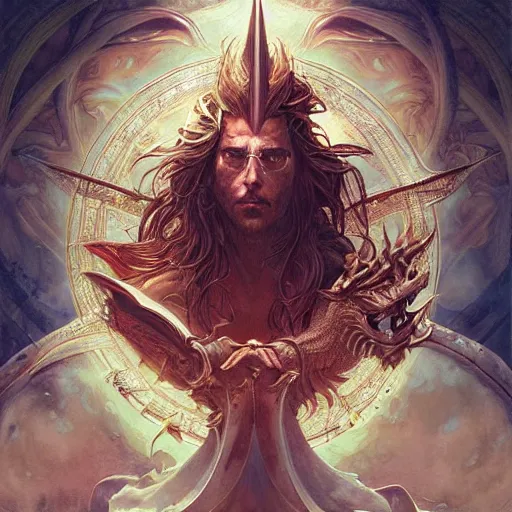 Image similar to a beautiful cd album cover of a satanic sorcerer taming a dragon, intricate, sharp focus, illustration, highly detailed, digital painting, concept art, matte, art by WLOP and Artgerm and Greg Rutkowski and Alphonse Mucha, masterpiece