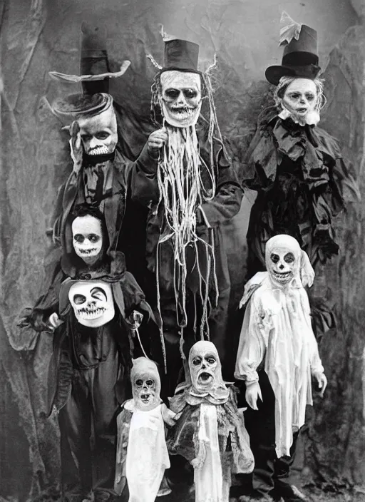Image similar to photograph from 1902 of Halloween trick or treaters wearing Universal Monsters costumes, highly detailed, vintage film