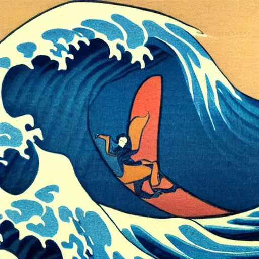 Image similar to surfer girl, woodblock print, style of hokusai, fine art, style of the great wave off kanagawa, painting