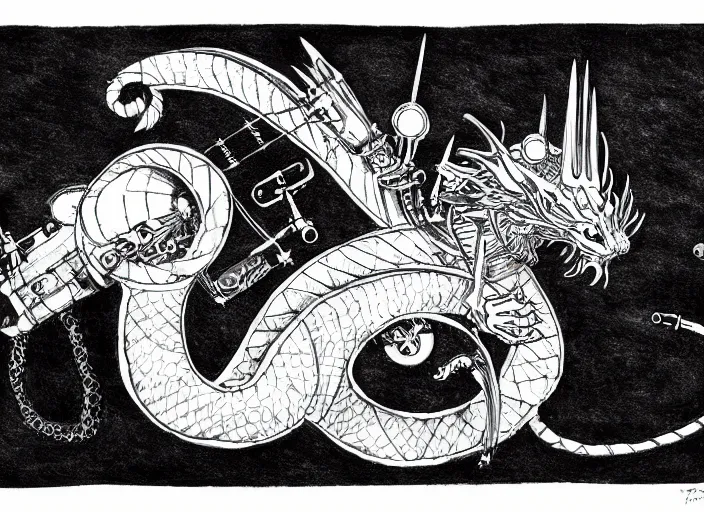 Prompt: modern pen and ink drawing, dragon with apparatus strapped to it, steam punk apparatus, ink on white background, clean lines, really clear, Olivia Kemp, julia Hill