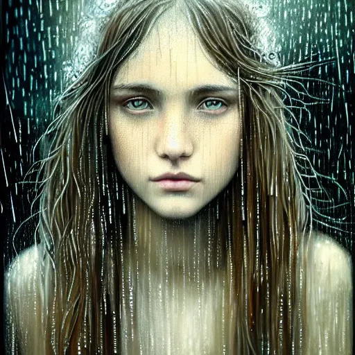 Image similar to portrait of a girl in the rain with wet hair and face, fantasy, intricate, elegant, dramatic lighting, emotionally evoking symbolic metaphor, highly detailed, lifelike, photorealistic, digital painting, artstation, concept art, smooth, sharp focus, illustration, art by John Collier and Albert Aublet and Krenz Cushart and Artem Demura and Alphonse Mucha