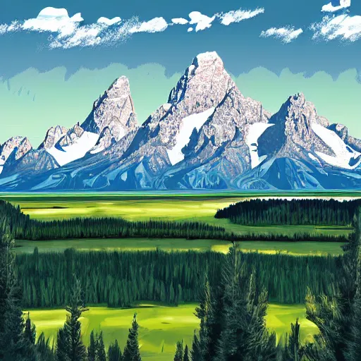 Prompt: view at grand teton national park, digital art, illustration