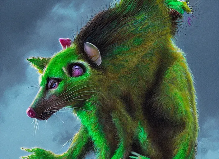 Image similar to full-body portrait of a anthro green zombie opossum fursona with long dark hair. Ruined stormy city. Glorious sun beams, intricate, elegant, highly detailed, digital painting, short focus, illustration, Allan Lee, John Howe