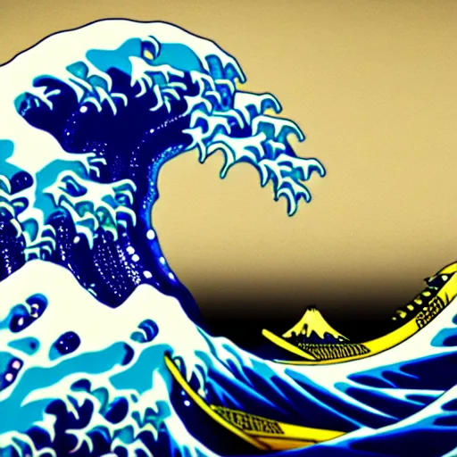 Image similar to photorealistic 8 k 3 d render of great wave of kanagawa, global illumination, rim light