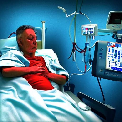 Image similar to IV station with patient in hospital bed getting blood transfusion, digital art