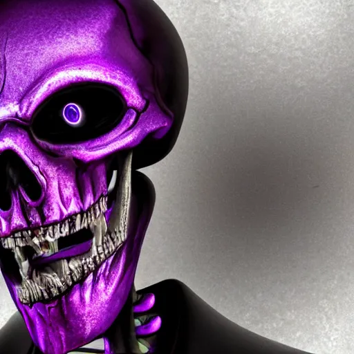 Image similar to a detailed portrait of a fancy skeleton with expressive features and metallic teeth, metal teeth, longshot, full portrait, skeleton in a suit, purple glowing eyes, fantasy art