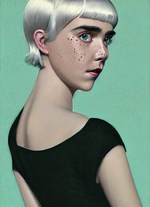 Image similar to portrait of kiernan shipka with freckles, white hair, 1 9 6 0 s bob hairstyle, hairstyle with bangs, 1 9 6 0 s bob hair with bangs and hairband, intricate, elegant, glowing lights, highly detailed, digital painting, artstation, concept art, smooth, sharp focus, illustration, art by wlop, mars ravelo and greg rutkowski