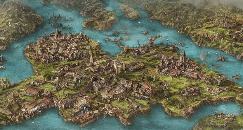 Prompt: Detailed overhead Photorealistic Map of small village in magical world, war torn, fire, evil, mist, siege, battlefield, trenches, miniature, gritty, dragon, goblins, orcs, giants, forest, Greg Rutkowski, trending on Artstation