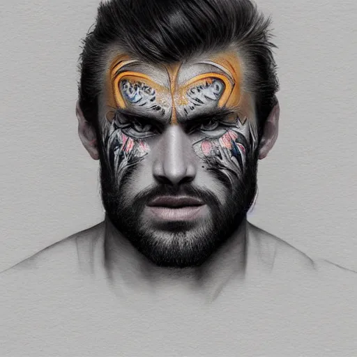 Prompt: Beautiful face Portrait of very manly Gigachad with very big jaws, big eyebrows, colorful face painting on grey scale face, powerful , magic, thunders, dramatic lighting, intricate, wild, highly detailed, digital painting, artstation, concept art, smooth, sharp focus, illustration, art by artgerm and greg rutkowski and alphonse mucha, footage from space camera