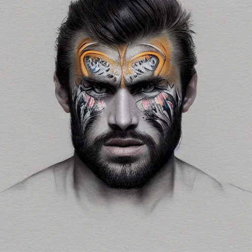 KREA - Beautiful face Portrait of very manly Gigachad with very big jaws,  original Gigachad, big eyebrows, colorful face painting on grey scale face,  powerful , magic, thunders, dramatic lighting, intricate, wild