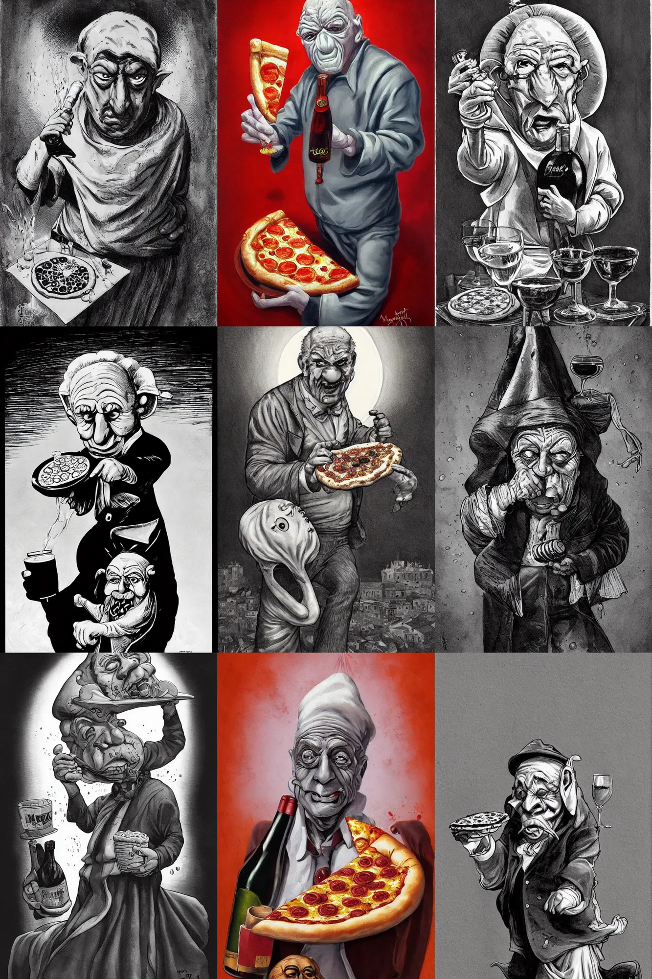Prompt: wrinkled! old man wearing pulcinella mask, with a pizza! margherita di napoli, with a bottle of wine, drunk, menacing appearance, dramatic backlight, full body, wide angle, ultrafine detailed painting by joe fenton, trending on deviantart, masterpiece, more coherent