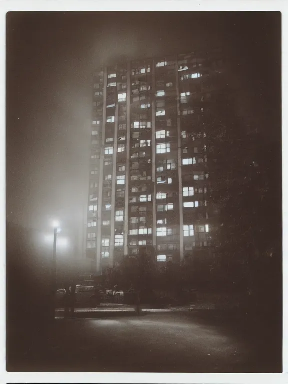 Image similar to polaroid photo of low residential building in russian suburbs, lights are on in the windows, deep night, post - soviet courtyard, cozy atmosphere, light fog, street lamps with orange light, several birches nearby, several elderly people stand at the entrance to the building