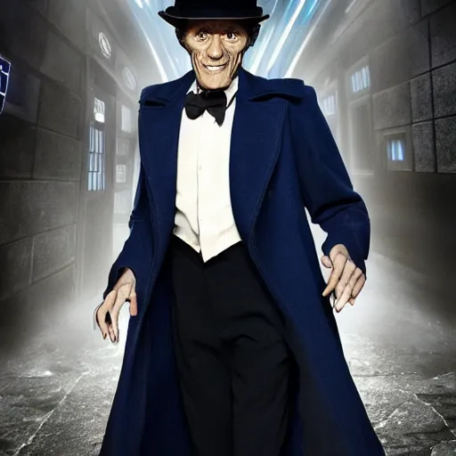 Prompt: willem dafoe as a man in a dark blue trenchcoat and tophat as the new doctor who, cinematic, volumetric lighting, f 8 aperture, cinematic eastman 5 3 8 4 film, photorealistic