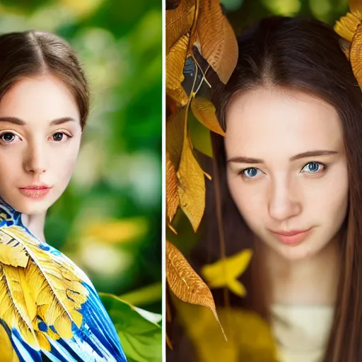 Image similar to portrait photograph of an extremely beautiful!!!! young female , symmetric face!, symmetric round detailed eyes!!, slight smile, natural light, wearing a yellow kimono!! with a very detailed barn owl! on her shoulder in a tropical greenhouse. looking at the camera!!. golden crown made of golden leaves. super resolution. Extremely detailed. Graflex camera!, bokeh!!!!! trending on artstation.