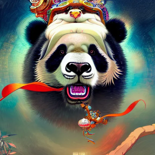 Image similar to a beautiful hyperdetailed character design 4 k wallpaper illustration of a cute panda with a chinese lion dance head victo ngai cyberpunk style, from china, style of studio ghibli, makoto shinkai, raphael lacoste, louis comfort tiffany, artgerm, james jean, ross tran, chinese style