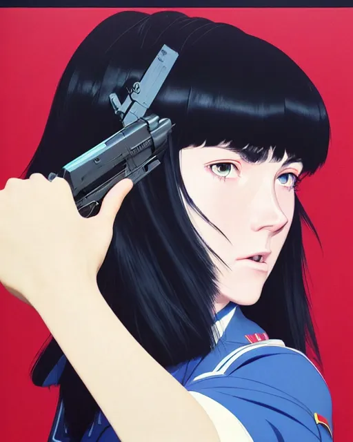 Prompt: girl wearing uniform, holding pistol at side, side view, looking down | | audrey plaza, fine detail!! anime!! realistic shaded lighting!! poster by ilya kuvshinov katsuhiro otomo ghost - in - the - shell, magali villeneuve, artgerm, jeremy lipkin and michael garmash and rob rey